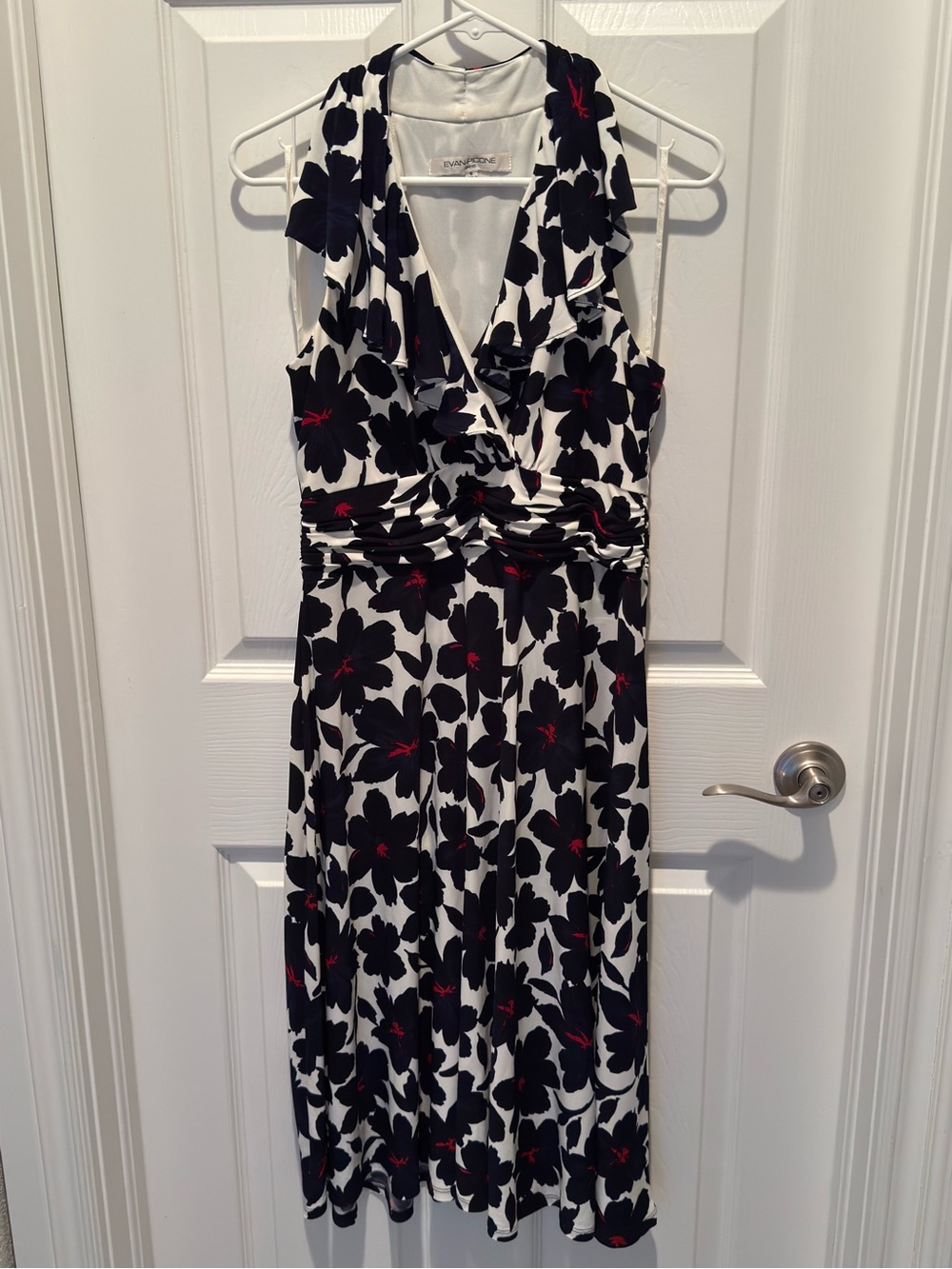 Sleeveless Blue, & White Floral  Dress with Red Accents